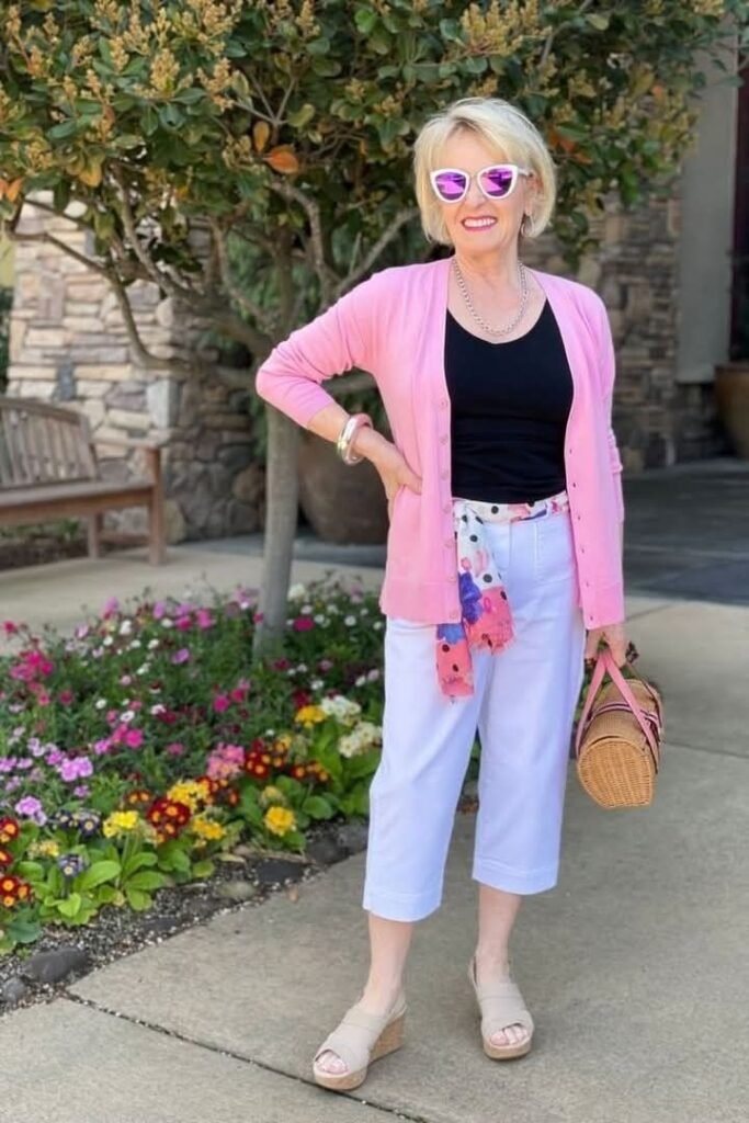 Black Scoop Neck Top + Pink Open Cardigan + White Cropped Trousers + Beige Platform Sandals