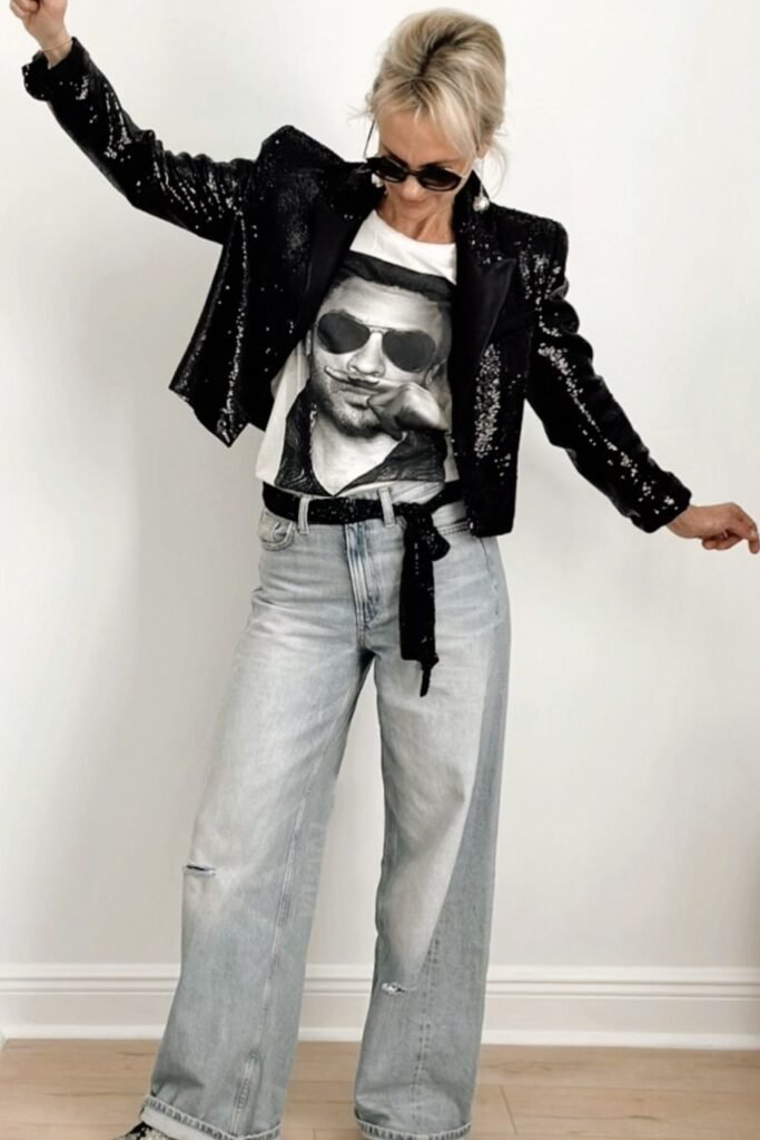 Black Sequin Blazer + White Graphic Portrait T Shirt + Light Wash Wide Leg Jeans + Black Sunglasses