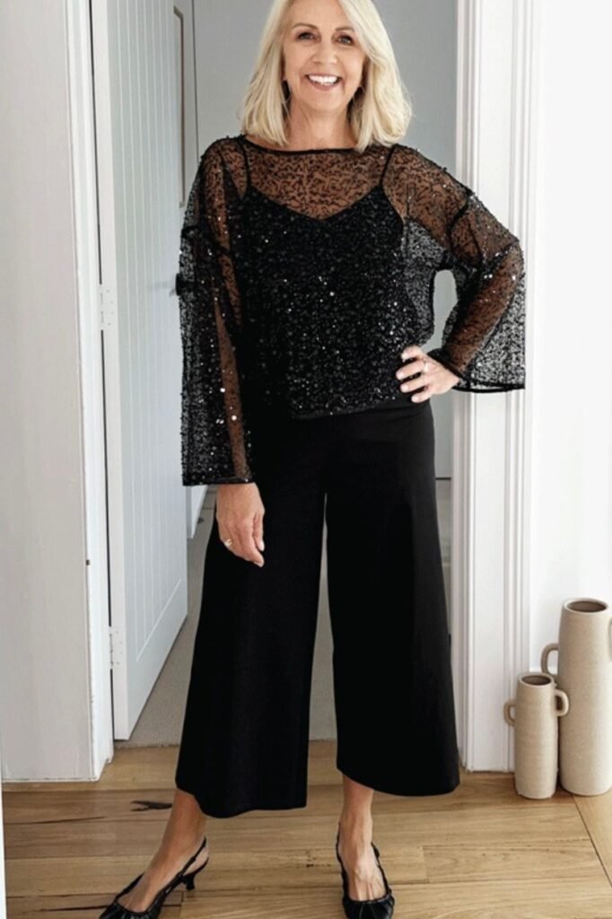 Black Sequin Sheer Blouse + Black Camisole + Black Wide Leg Culottes + Black Pointed Toe Slingbacks