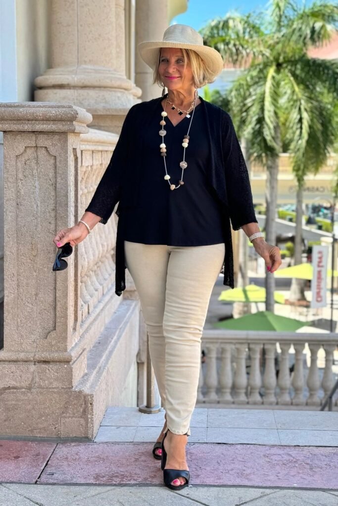 Black Sheer Cardigan + Black V-Neck Top + Cream Skinny Pants + Black Peep-Toe Heels