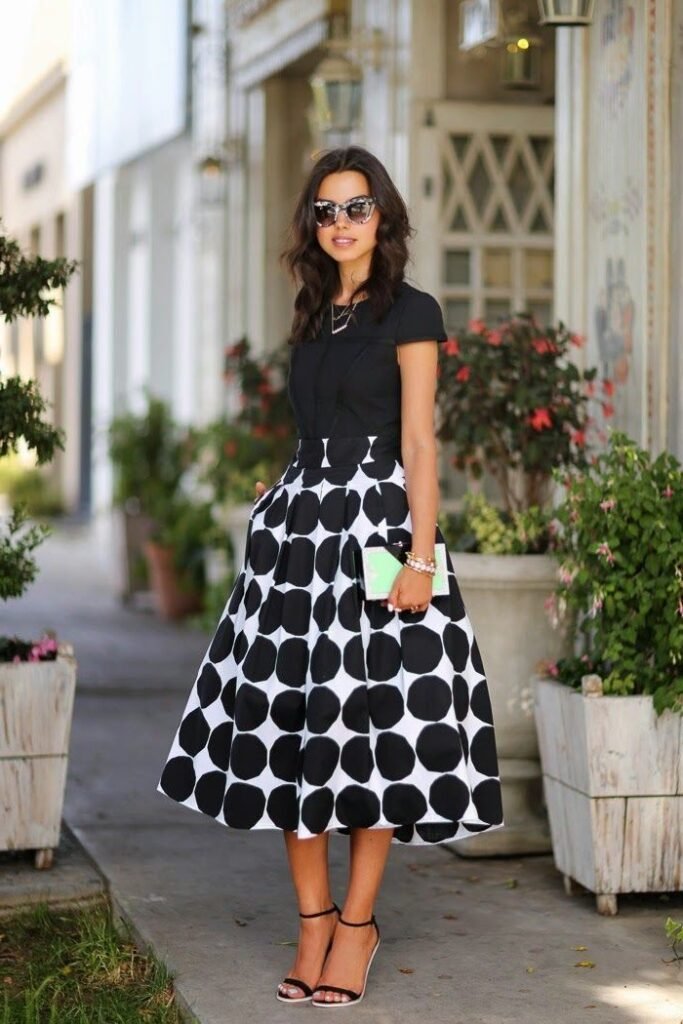 Black Short Sleeve Crew Neck Top + White & Black Jumbo Polka Dot Flare Skirt + Black Ankle Strap Heels