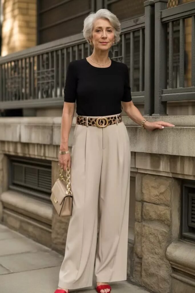 Black Short Sleeve Knit + Beige Wide Leg Trousers + Leopard Print Belt