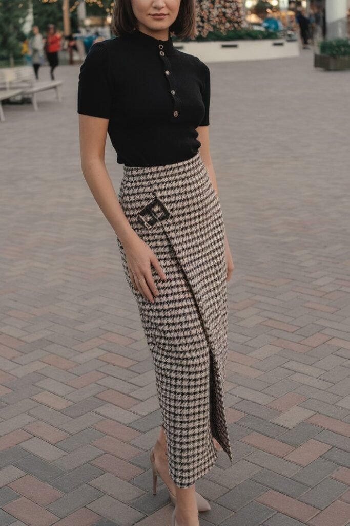 Black Short Sleeve Mock Neck Top + Houndstooth Wrap Maxi Skirt + Nude Pumps