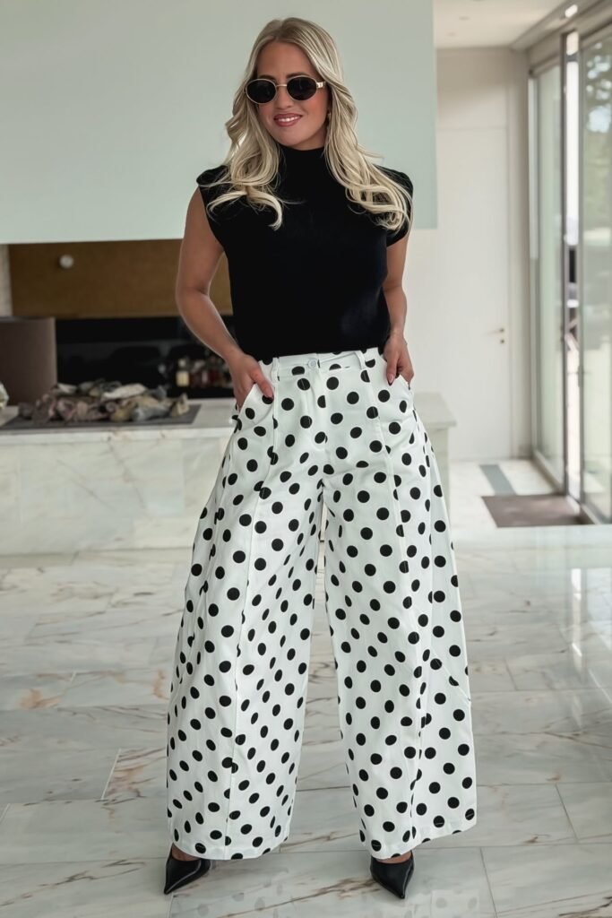 Black Short Sleeve Mock Neck Top + White Wide Leg Polka Dot Pants + Black Pointed Toe Heels