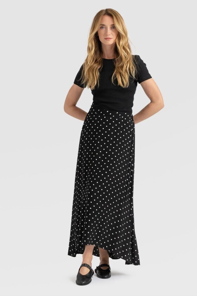 Black Short Sleeve T Shirt + Black Polka Dot High Low Maxi Skirt + Black Studded Mary Janes