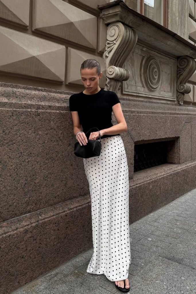 Black Short Sleeve T-shirt + Polka Dot Silk Maxi Skirt + Black Strappy Sandals