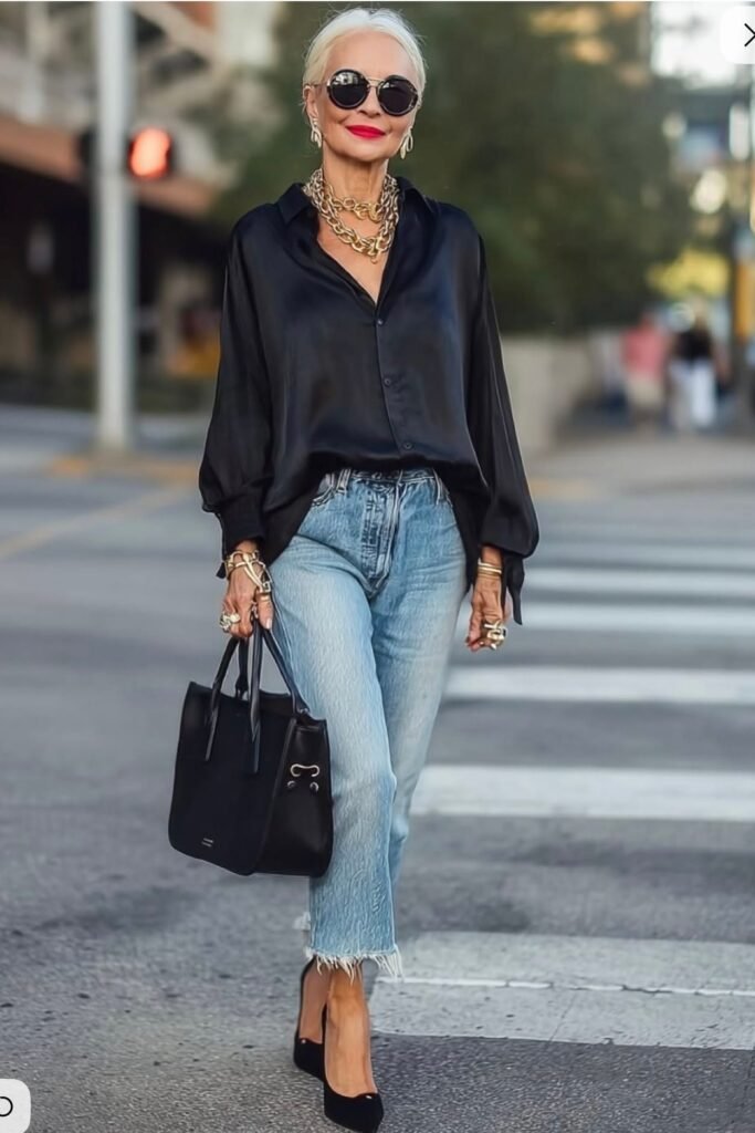 Black Silk Button Down Shirt + Light Wash Frayed Hem Jeans + Gold Chunky Chain Necklace + Black Pointed Pumps