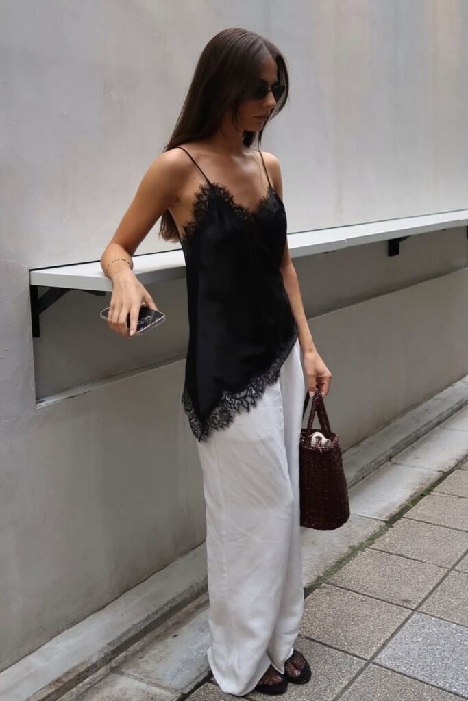 Black Silk Lace Trim Cami + White Wide Leg Trousers + Mesh Flats
