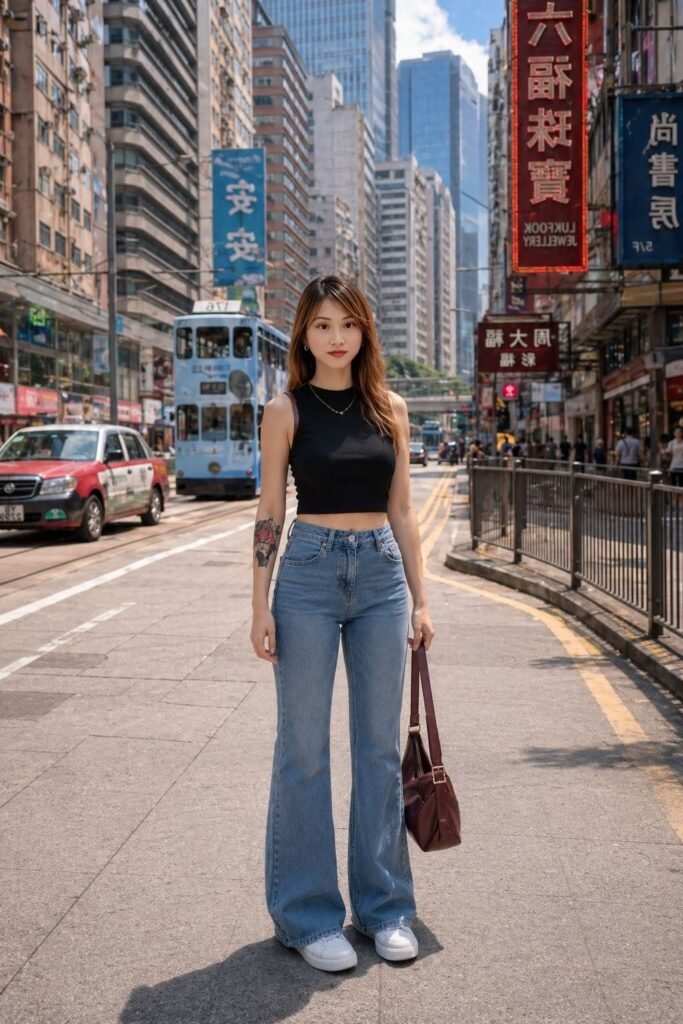 Black Sleeveless Crop Top + Blue Flare Jeans + White Sneakers