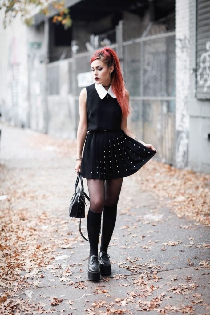 Black Sleeveless Dress with White Collar + Black Tights + Black Knee High Socks + Black Platform Oxfords