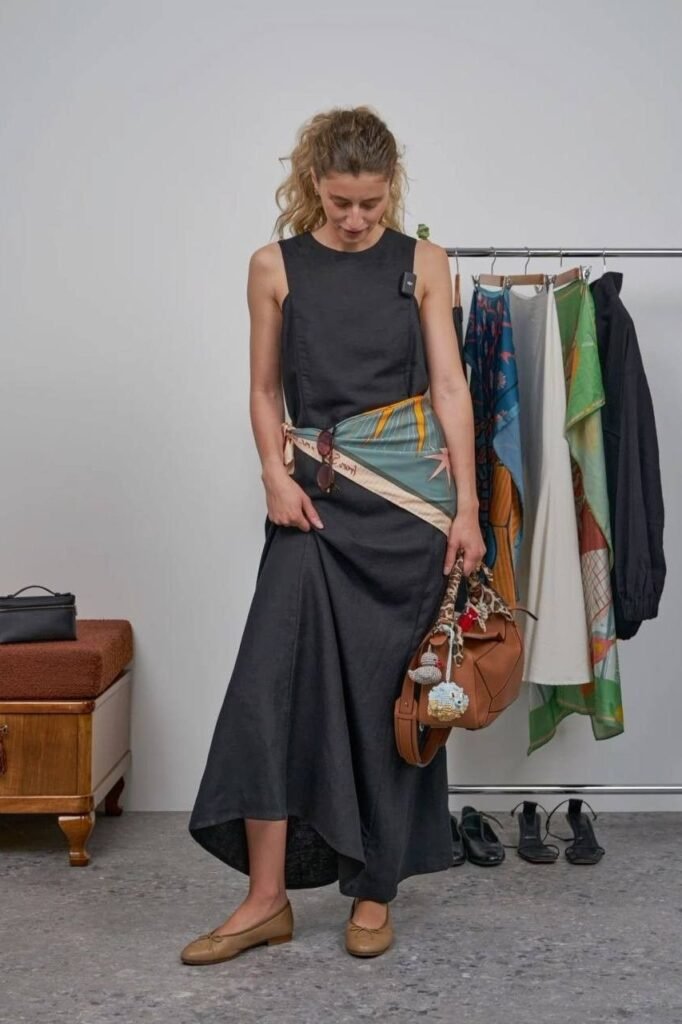 Black Sleeveless Maxi Dress + Sun Graphic Silk Scarf Belt + Tan Ballet Flats