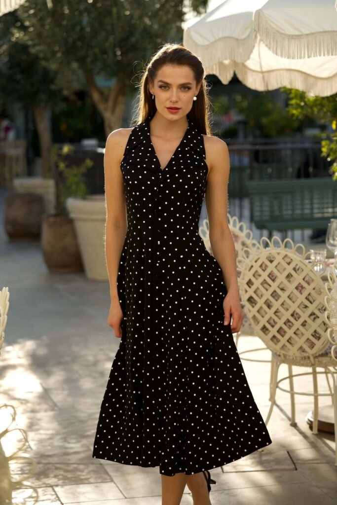 Black Sleeveless Polka Dot Button Down Dress + Black Pointed Toe Heels