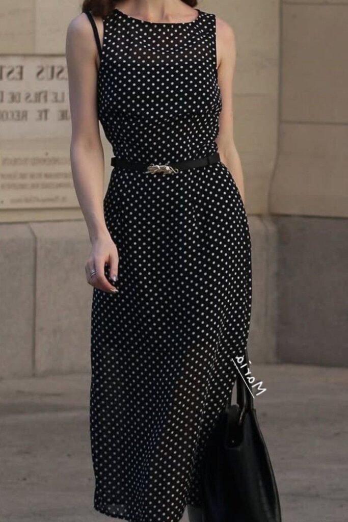 Black Sleeveless Polka Dot Column Dress + Slim Gold Buckle Belt + Black Leather Tote