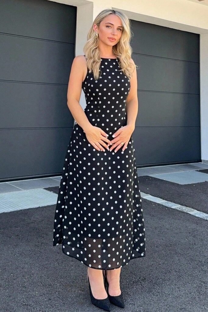 Black Sleeveless Polka Dot Midi Dress + Black Pointed Toe Pumps