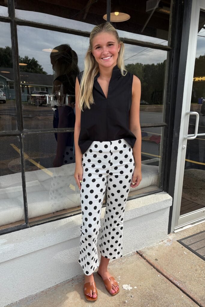 Black Sleeveless Split Neck Top + White Polka Dot Cropped Flare Pants + Brown Leather Slides