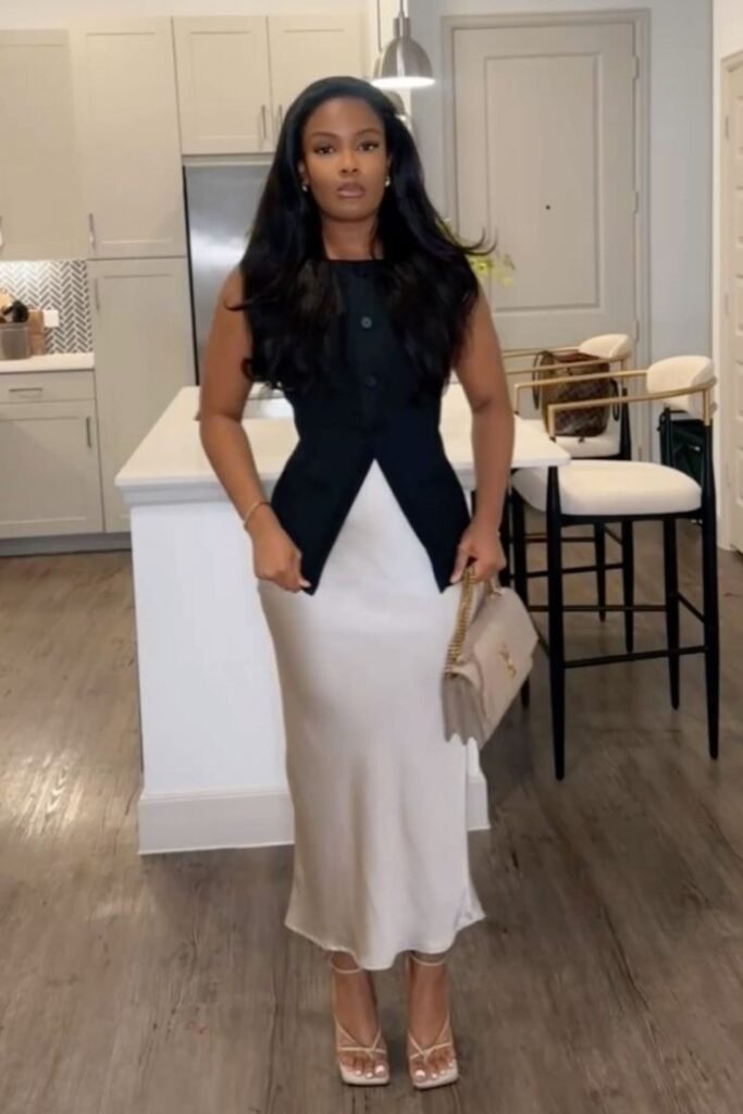Black Sleeveless Top + Champagne Satin Midi Skirt + Nude Strappy Heels
