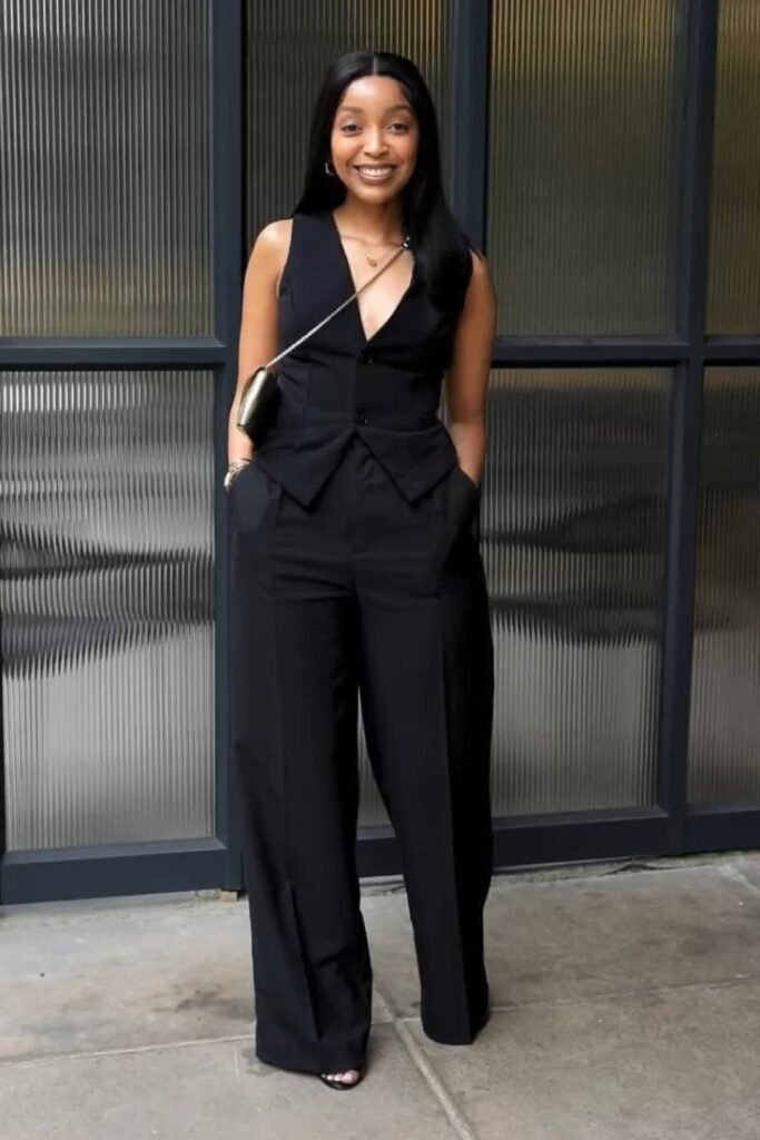 Black Sleeveless Vest + Black Wide Leg Trousers + Black Heels