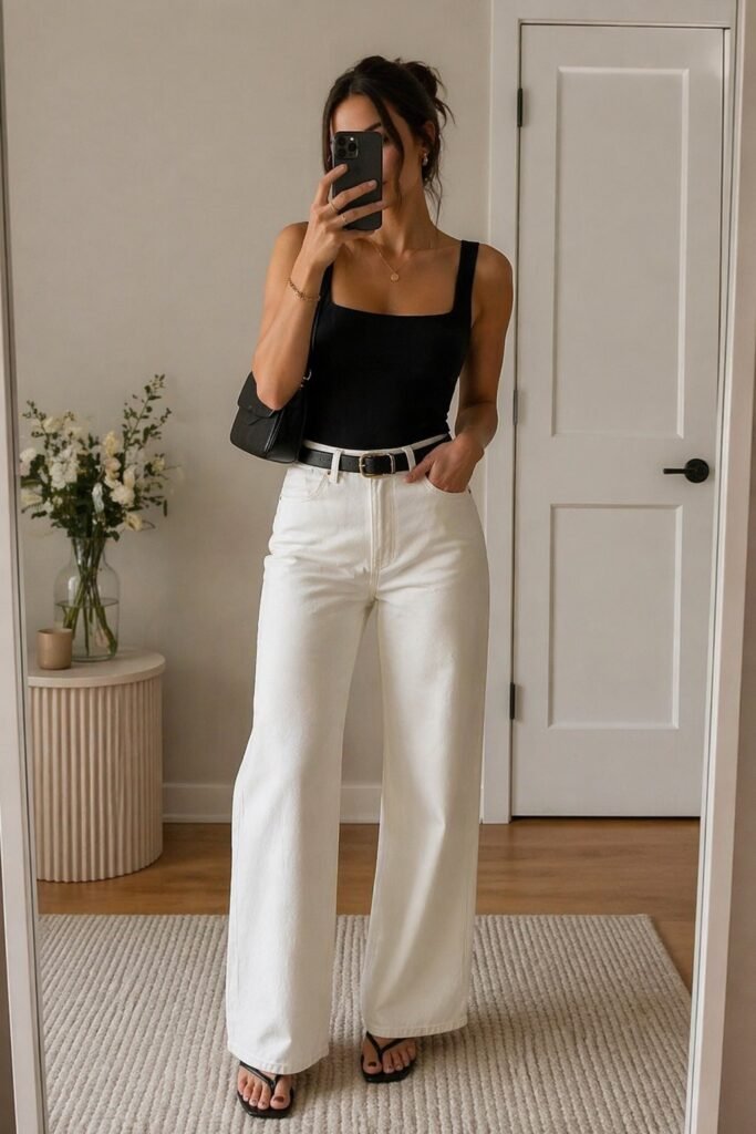 Black Square Neck Tank Top + White Wide Leg Jeans + Black Thong Sandals
