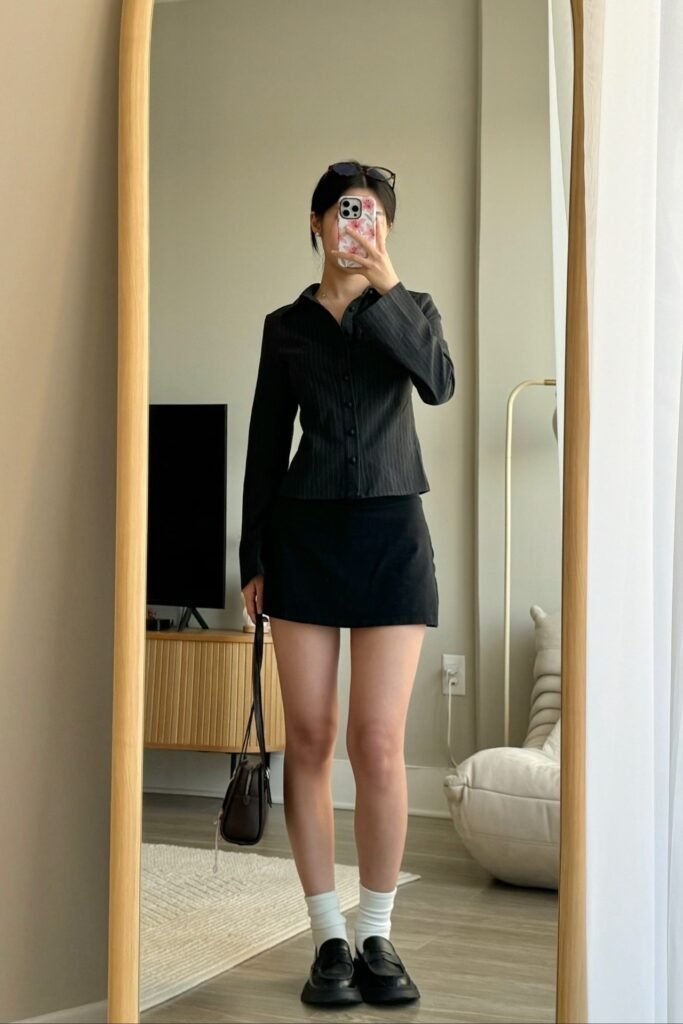 Black Striped Button Up Shirt + Black Mini Skirt + White Socks + Black Loafers