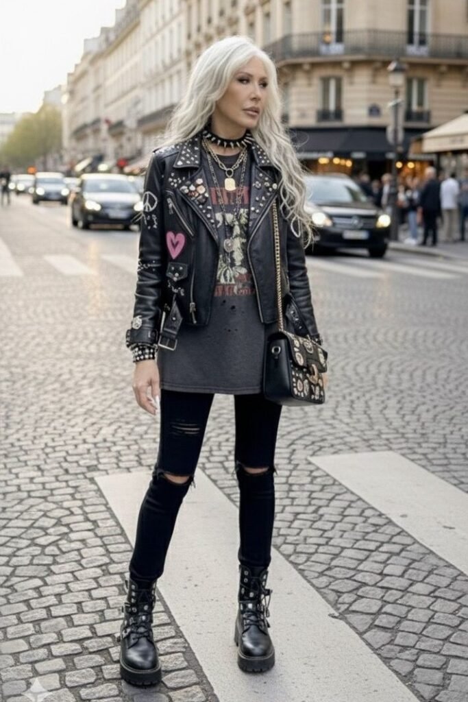 Black Studded Leather Jacket + Graphic T Shirt + Black Ripped Skinny Jeans + Black Combat Boots