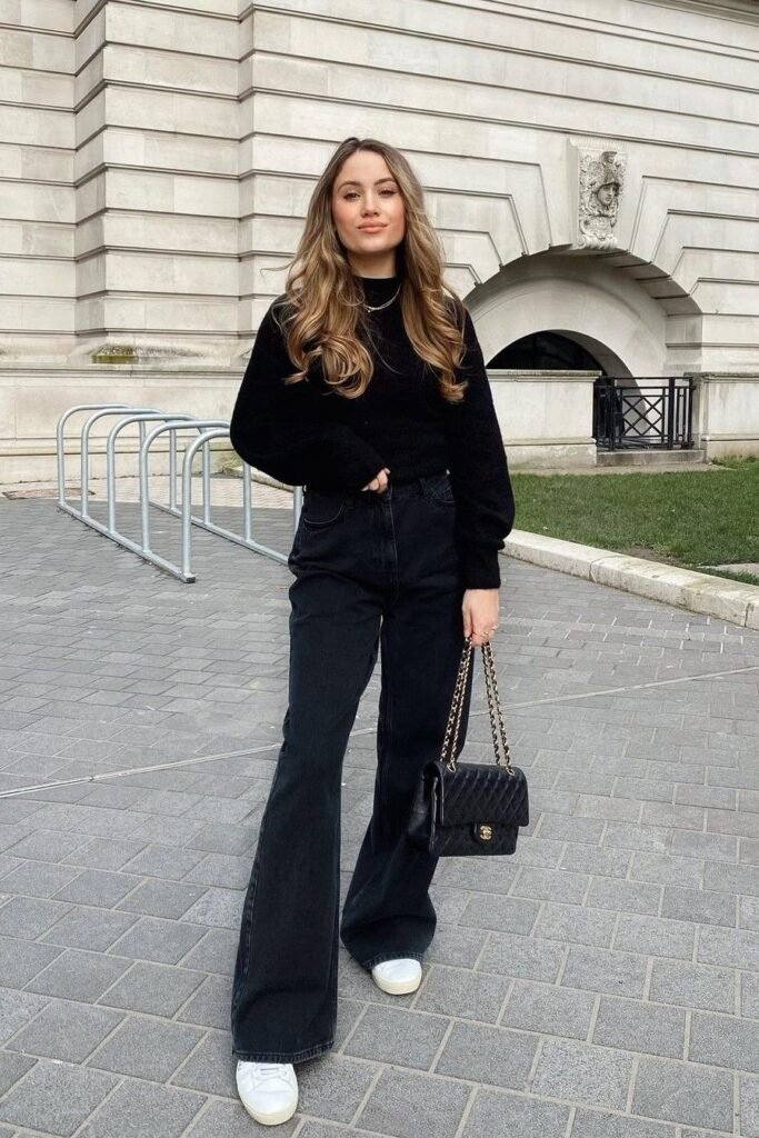 Black Sweater + Black Flared Jeans + White Sneakers