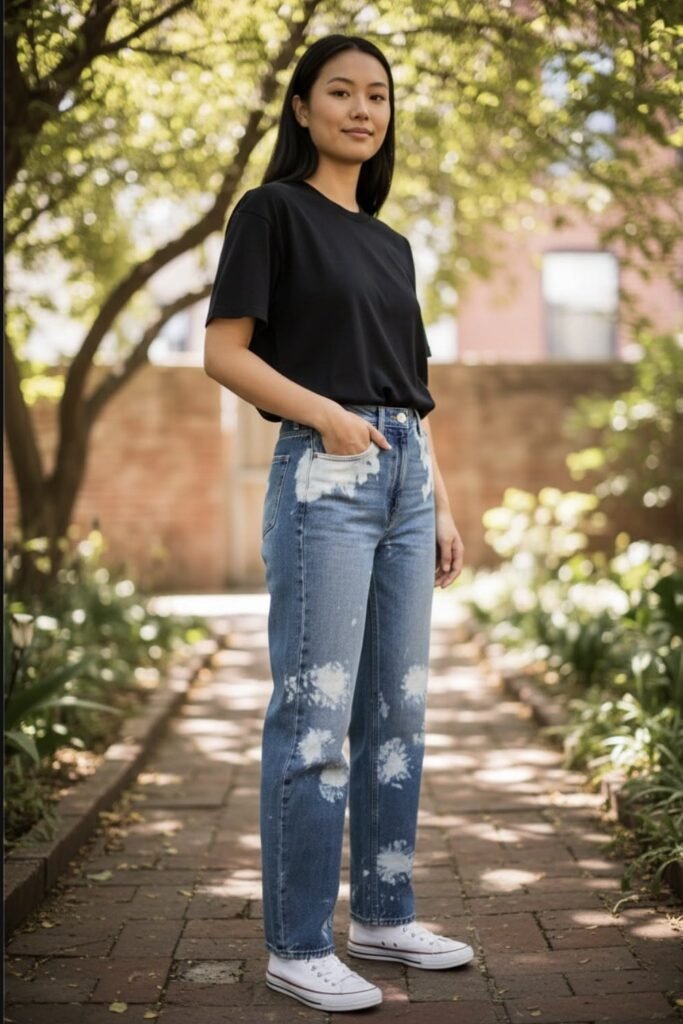 Black T-Shirt + Acid Wash Straight Jeans + White High-Top Sneakers