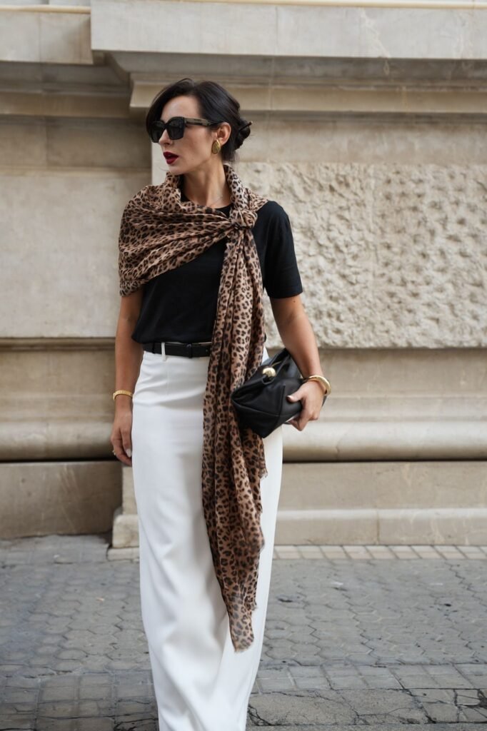 Black T Shirt + Leopard Print Scarf Wrap + White Maxi Skirt + Black Clutch