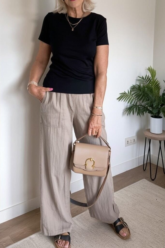 Black T-Shirt + Taupe Wide-Leg Trousers + Black Sandals