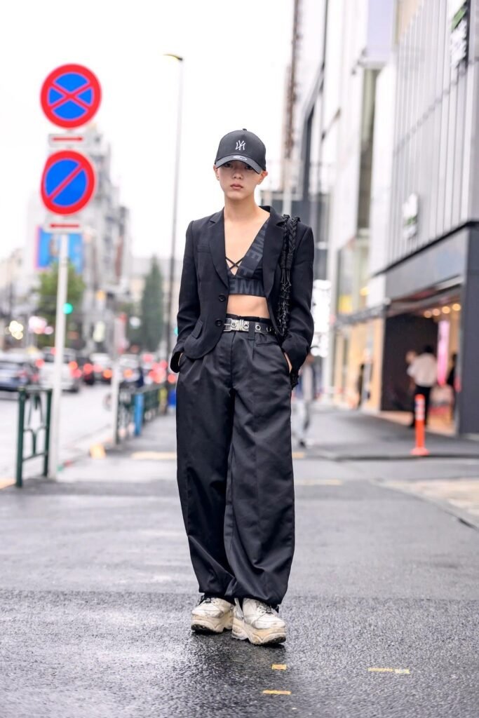 Black Tailored Blazer + Black Strappy Crop Top + Wide Leg Black Trousers + Chunky White Platform Sneakers