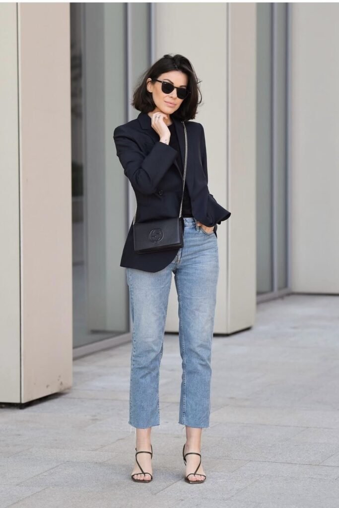 Black Tailored Blazer + Black Top + Light Wash Cropped Straight Leg Jeans + Black Strappy Heels