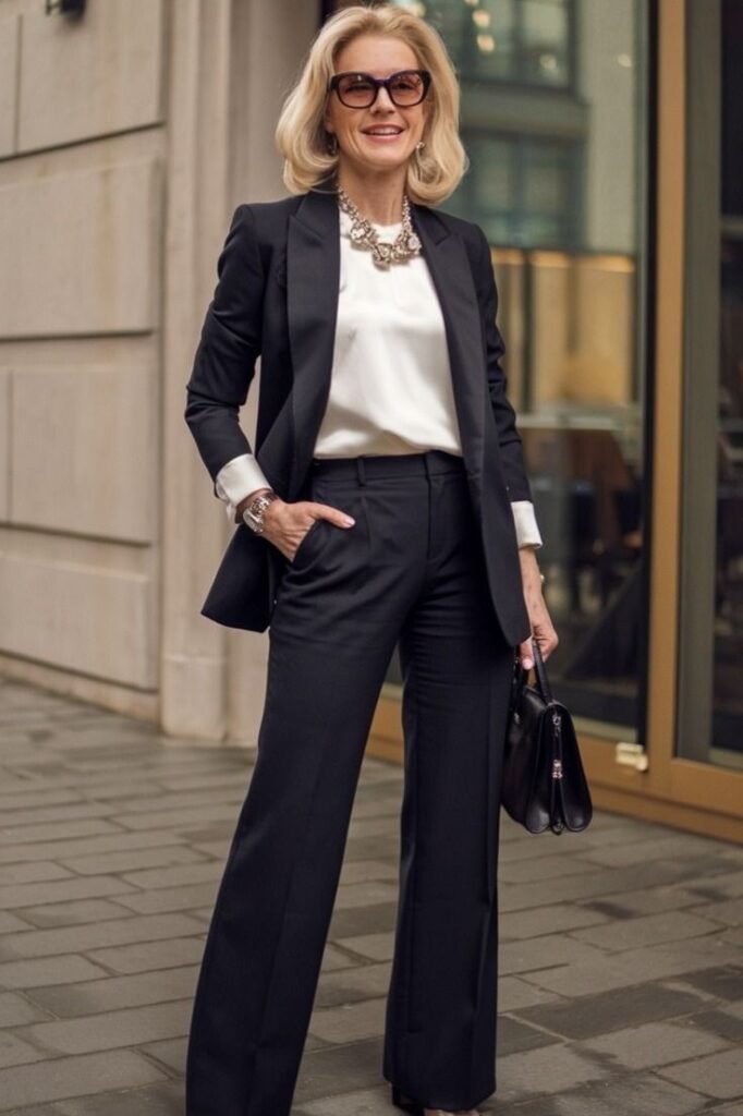 Black Tailored Suit + White Silk Blouse + Statement Necklace + Black Leather Handbag