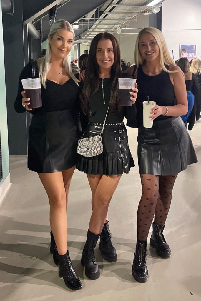 Black Tank Top + Black Leather Mini Skirt + Heart Patterned Tights + Black Platform Boots