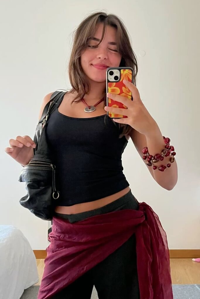 Black Tank Top + Deep Red Waist Wrap + Black Leggings + Black Shoulder Bag