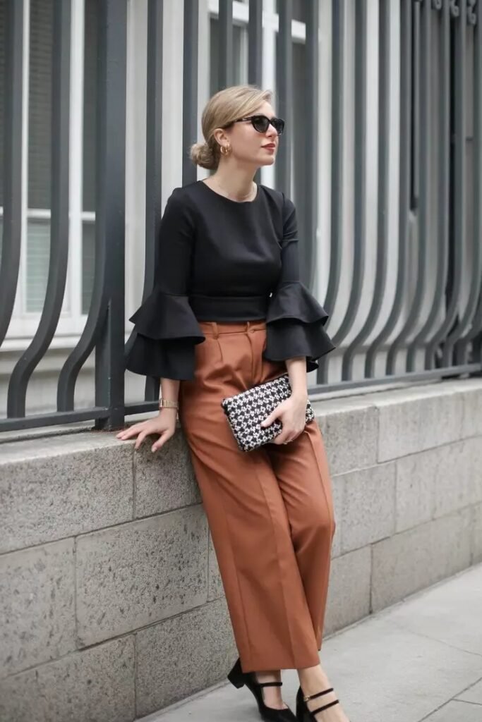 Black Tiered Sleeve Top + Rust Brown Trousers + Black Mary Jane Heels