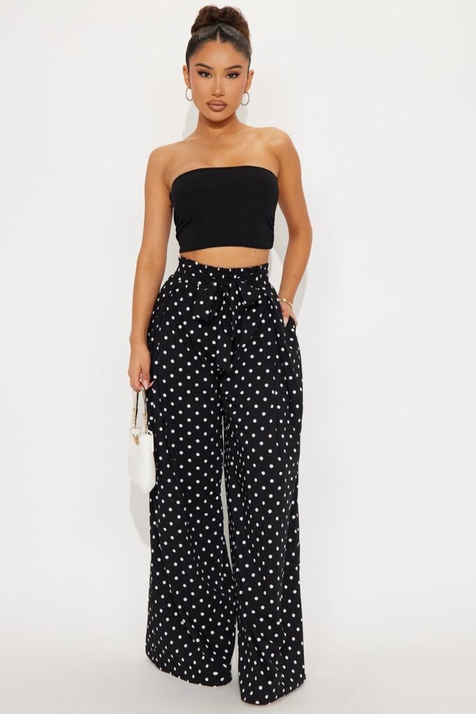 Black Tube Top + Black Polka Dot Paperbag Waist Pants + White Mini Bag
