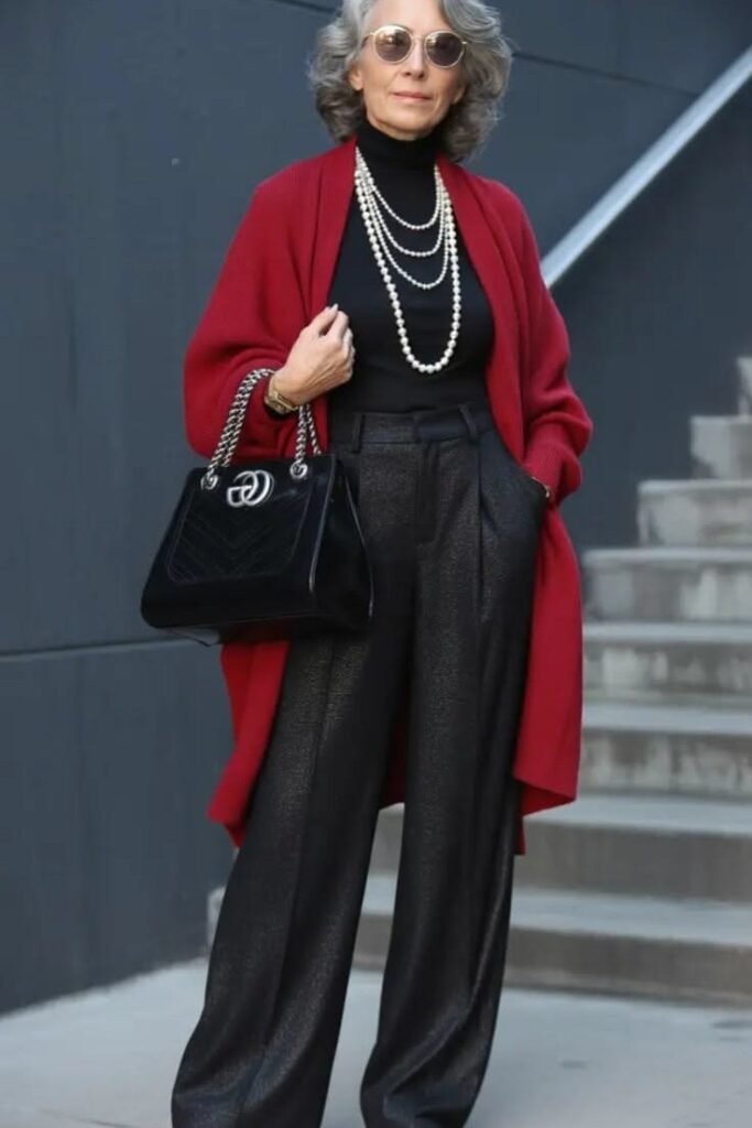 Black Turtleneck + Red Oversized Cardigan + Shimmering Black Wide Leg Trousers + Pearl Necklaces