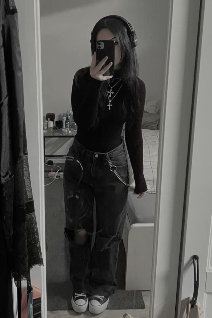 Black Turtleneck Sweater + Distressed Grey Jeans + Silver Layered Necklaces + Black and White Sneakers