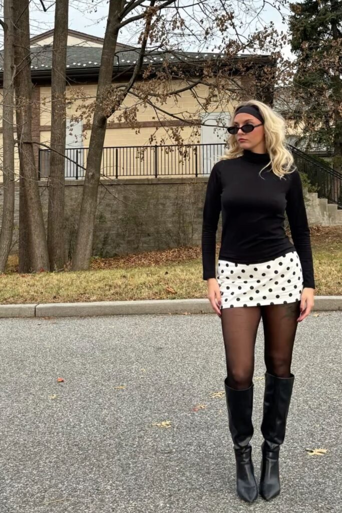 Black Turtleneck + White Polka Dot Mini Skirt + Black Tall Boots
