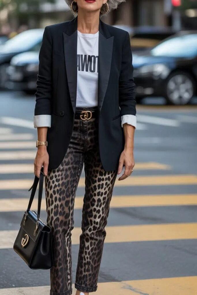 Black Tuxedo Blazer + Graphic White Tee + Leopard Print Slim Jeans + Gold Buckle Belt