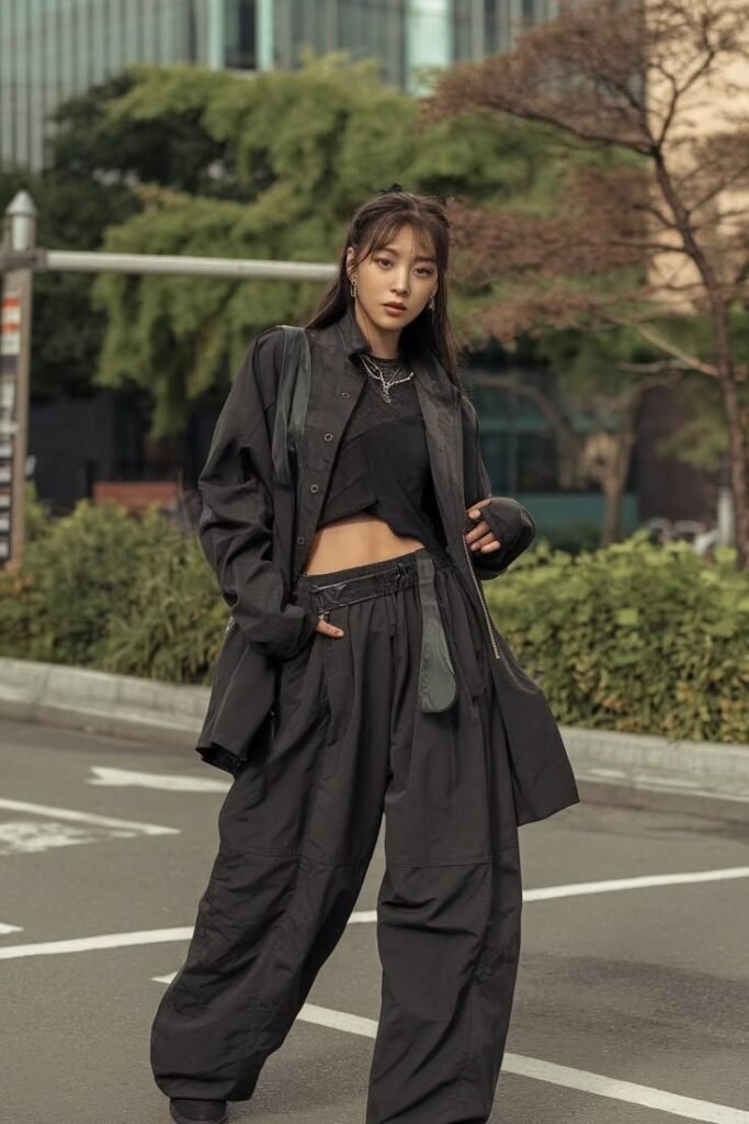 Black Utility Button Up Jacket + Black Crop Top + Black Oversized Cargo Pants