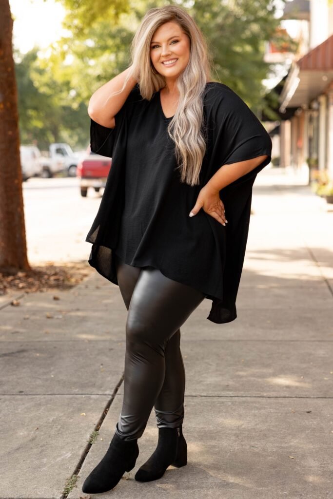 Black V Neck Kaftan Top + Black Faux Leather Leggings + Black Suede Ankle Boots