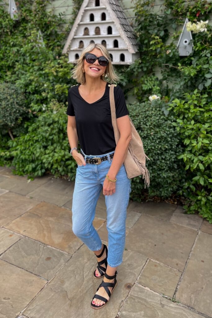 Black V Neck T Shirt + Light Wash Cropped Jeans + Black Strappy Sandals