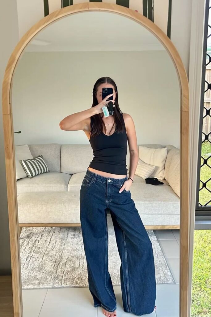 Black V Neck Tank Top + Dark Wash Wide Leg Jeans + Barefoot