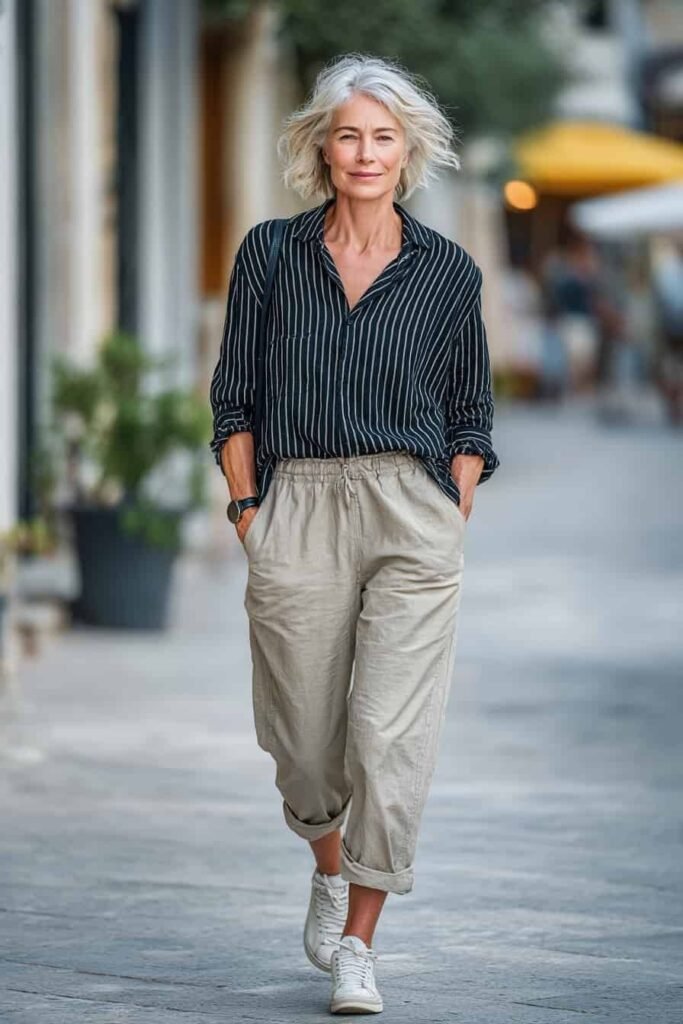Black Vertical Striped Shirt + Beige Linen Joggers + White High Top Sneakers