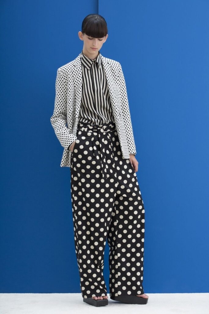 Black & White Striped Shirt + White & Black Micro Polka Dot Blazer + Black & White Polka Dot Wide Leg Pants