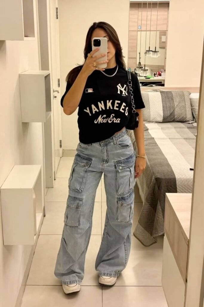 Black Yankees Graphic T Shirt + Light Wash Cargo Jeans + White Sneakers