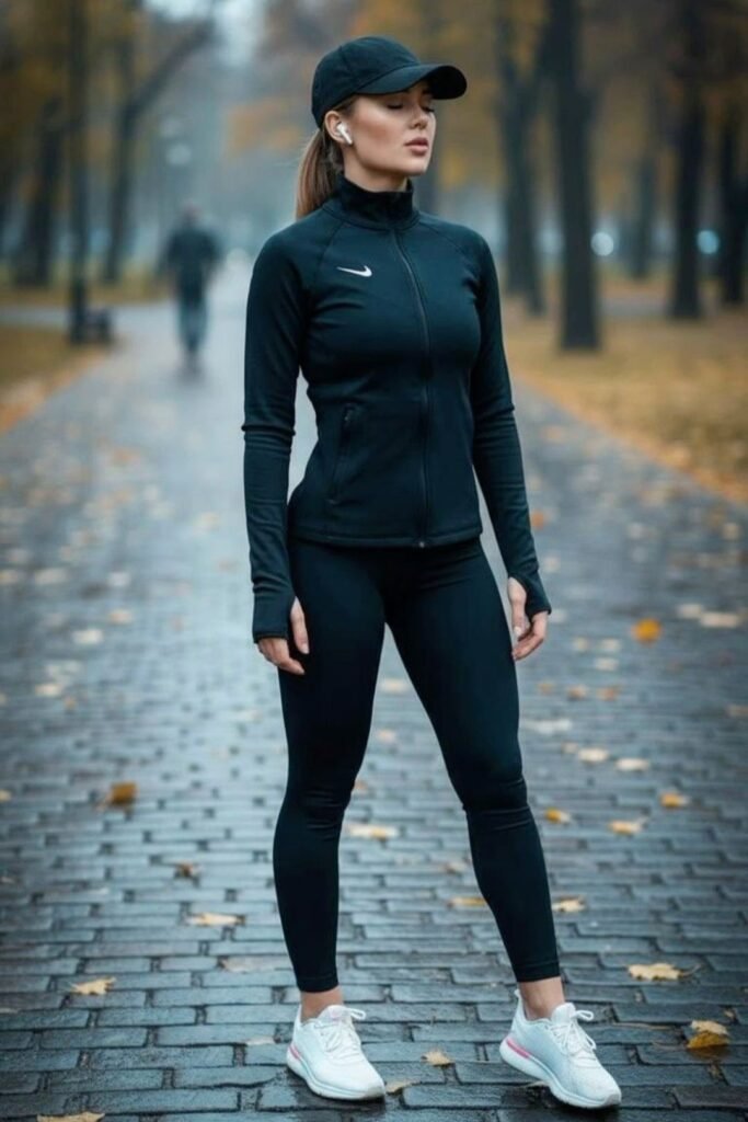 Black Zip Up Jacket + Black Leggings + White Sneakers