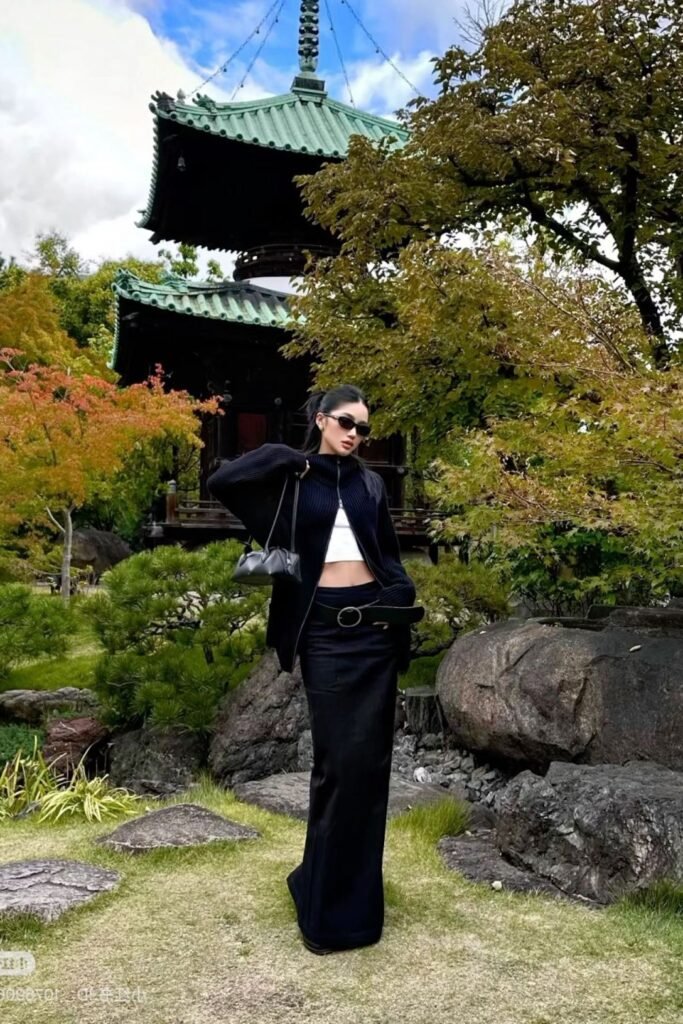 Black Zip Up Mock Neck Cardigan + White Crop Top + Black Maxi Skirt
