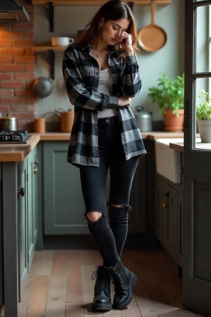 Black and Grey Plaid Shirt + White Tank Top + Ripped Black Skinny Jeans + Black Combat Boots