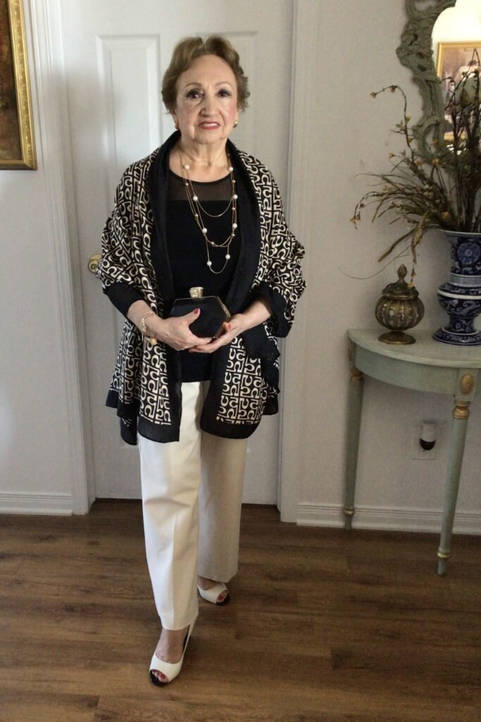 Black and White Geometric Patterned Shawl + Black Sheer Neckline Top + White Wide Leg Dress Pants + White Open Toe Heels